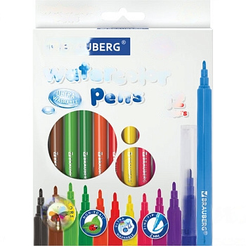 Фломастеры BRAUBERG "PREMIUM", 12 цветов, УЛЬТРАСМЫВАЕМЫЕ, классические, вентилируемый колпачок, картонная коробка с европодвесом, 151938