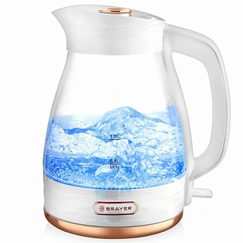 Чайник BRAYER BR1029, 1,7л, 2200Вт, закрытый нагревательный элемент, стекло, белый