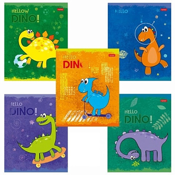Тетрадь 12 л. HATBER клетка, обложка картон, тиснение, "Hello Dino" (5 видов в спайке), 12Т5тВ1
