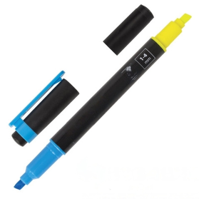 Текстовыделитель двусторонний BRAUBERG, ЖЕЛТЫЙ/ГОЛУБОЙ, линия 1-4 мм, 150842