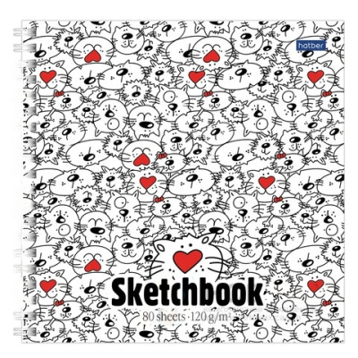 Скетчбук, белая бумага 120 г/м2, 170х170 мм, 80 л., гребень, "Коты", 80Тт5Aгр_17223