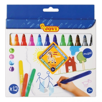 Фломастеры утолщенные JOVI (Испания) "Maxi", 12 цветов, трехгранные, для малышей, вентилируемый колпачок, 1712