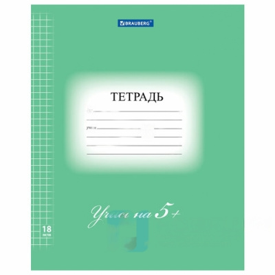 Тетрадь 18 л. BRAUBERG ЭКО "5-КА", клетка, обложка плотная мелованная бумага, ЗЕЛЕНАЯ, 402987