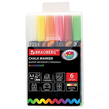 Маркеры меловые "POP-ART", НАБОР 6 ЦВЕТОВ, 3,5 мм, стираемые, для гладких поверхностей, BRAUBERG, 151526