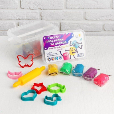 Набор тесто-пластилин с формочками и скалкой, 12 цветов