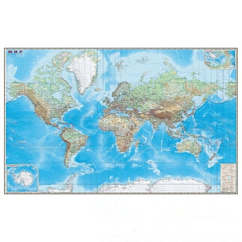 Карта настенная "Мир. Обзорная карта. Физическая с границами", М-1:15 млн., разм. 192х140 см, ламинированная, 293