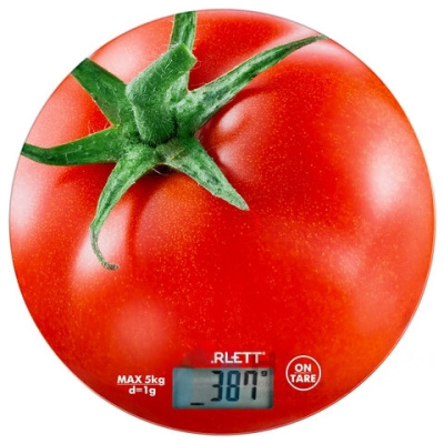 Весы кухонные SCARLETT SC-KS57P38 "Помидор", электронный дисплей, max вес 5 кг, тарокомпенсация, стекло