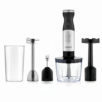 Блендер погружной BRAYER BR1244, 800 Вт, 2 режима, измельчитель, венчик, стакан, пюре, черный
