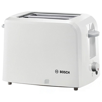 Тостер BOSCH TAT3A011, 900 Вт, 2 тоста, разморозка, подогрев, решетка для булочек, пластик, белый