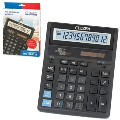 Калькулятор настольный CITIZEN SDC-888TII (203х158 мм), 12 разрядов, двойное питание