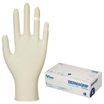Перчатки латексные смотровые, КОМПЛЕКТ 50 пар (100 шт.), неопудренные, хлоринация, L, DERMAGRIP "Classic", D1503-10
