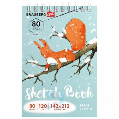 Скетчбук, белая бумага 120 г/м2 142х212 мм, 80 л., гребень, твердая обложка, BRAUBERG ART DEBUT, 112989