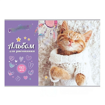 Альбом для рисования, А4, 40 листов, скоба, обложка картон, ЮНЛАНДИЯ, 202х285 мм, "Кот в свитере" (1 вид), 105091