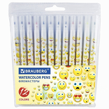 Фломастеры BRAUBERG "Смайлики", 12 цветов, вентилируемый колпачок, корпус с печатью, пластиковая упаковка, увеличенный срок службы, 150530