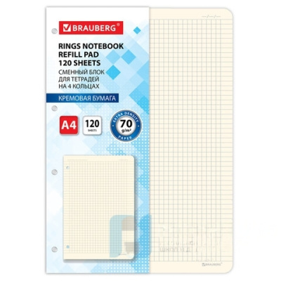 Сменный блок к тетради на кольцах БОЛЬШОЙ ФОРМАТ А4 120 л., BRAUBERG, ПОВЫШЕННОЙ ПЛОТНОСТИ, кремовый, 404517