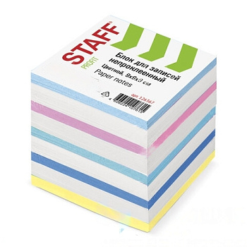 Блок для записей STAFF непроклеенный, куб 9х9х9 см, цветной, чередование с белым, 126367