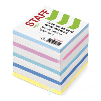 Блок для записей STAFF непроклеенный, куб 9х9х9 см, цветной, чередование с белым, 126367