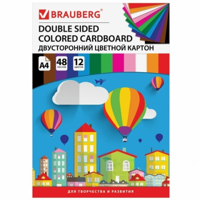Картон цветной А4 ТОНИРОВАННЫЙ В МАССЕ, 48 листов 12 цветов, склейка, 180 г/м2, BRAUBERG, 210х297 мм, 124744