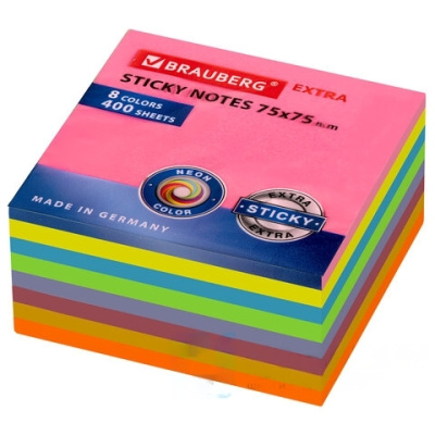 Блок самоклеящийся (стикеры) EXTRA STICKY BRAUBERG (Германия), НЕОНОВЫЙ, 75х75 мм, 400 л., 8 цветов, 112441