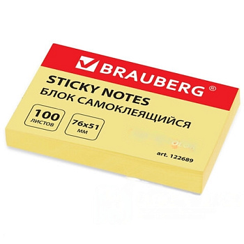 Блок самоклеящийся (стикеры) BRAUBERG, ПАСТЕЛЬНЫЙ, 76х51 мм, 100 листов, желтый, 122689