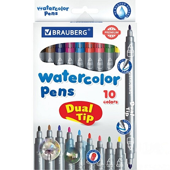 Фломастеры двусторонние BRAUBERG "PREMIUM" "DUAL-TIP", 10 шт., 10 цветов, два наконечника, картонная коробка с европодвесом, 151946