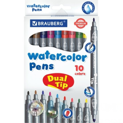 Фломастеры двусторонние BRAUBERG "PREMIUM" "DUAL-TIP", 10 шт., 10 цветов, два наконечника, картонная коробка с европодвесом, 151946