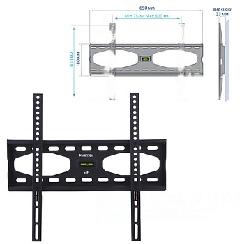Кронштейн-крепление для ТВ настенный KROMAX STAR-11, VESA 75-600/400, 32-65", 0 степеней свободы, до 50 кг, серый, 20159