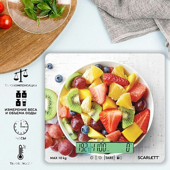 Весы кухонные SCARLETT SC-KS57P48, электронный дисплей, max вес 10 кг, тарокомпенсация, стекло