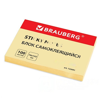 Блок самоклеящийся (стикеры) BRAUBERG, ПАСТЕЛЬНЫЙ, 76х102 мм, 100 листов, желтый, 122691