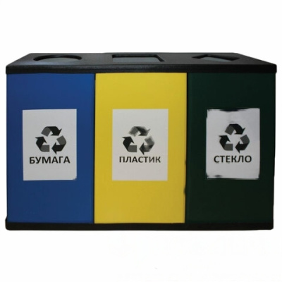 Урна металлическая для раздельного сбора мусора, 700х1065х360 мм, 3 бака по 80 литров, оцинкованная сталь/прочный термостойкий пластик, 450
