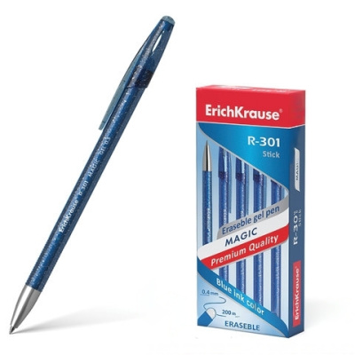 Ручка стираемая гелевая ERICH KRAUSE "R-301 Magic Gel", СИНЯЯ, корпус синий, узел 0,5 мм, линия письма 0,4 мм, 45211