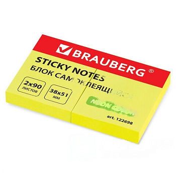 Блок самоклеящийся (стикеры), BRAUBERG, НЕОНОВЫЙ, 38х51 мм, 90 листов, КОМПЛЕКТ 2 штуки, желтый, 122698