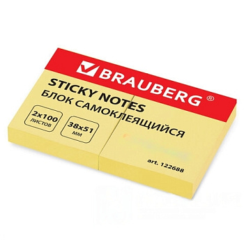 Блок самоклеящийся (стикеры) BRAUBERG, ПАСТЕЛЬНЫЙ, 38х51 мм, 100 листов, КОМПЛЕКТ 2 штуки, желтый, 122688