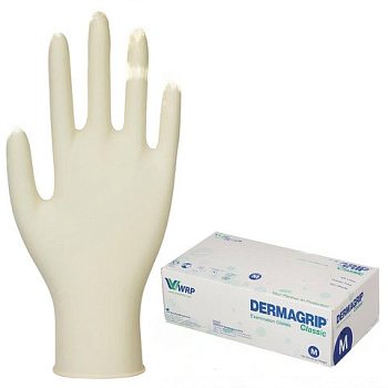Перчатки латексные смотровые, КОМПЛЕКТ 50 пар (100 шт.), неопудренные, хлоринация, M, DERMAGRIP "Classic", D1502-10
