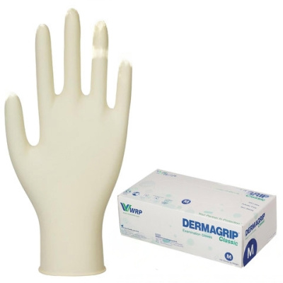 Перчатки латексные смотровые, КОМПЛЕКТ 50 пар (100 шт.), неопудренные, хлоринация, M, DERMAGRIP "Classic", D1502-10