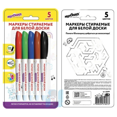 Маркеры стираемые для белой доски НАБОР 5 ЦВЕТОВ, ЮНЛАНДИЯ "COLORWAY", 3 мм, 152099
