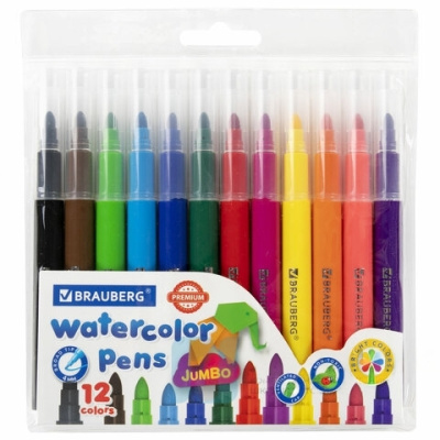 Фломастеры утолщенные 12 цветов, вентилируемый колпачок, BRAUBERG "PREMIUM", ПВХ-упаковка, 152196