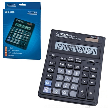 Калькулятор настольный CITIZEN SDC-554S (199x153 мм), 14 разрядов, двойное питание