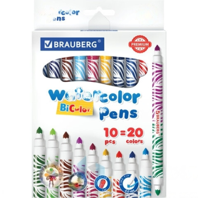 Фломастеры двусторонние утолщенные BRAUBERG "PREMIUM" "BI-COLOR", 10 шт., 20 цветов, двухцветные, вентилируемый колпачок, 151945