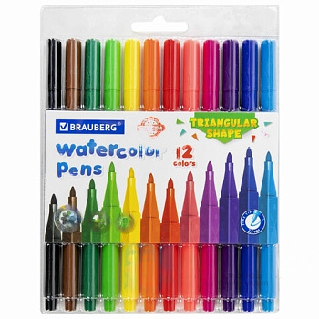 Фломастеры трехгранные 12 цветов, вентилируемый колпачок, BRAUBERG "PREMIUM", ПВХ-упаковка, 152193