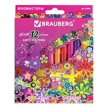 Фломастеры BRAUBERG "Blooming flowers", 12 цветов, вентилируемый колпачок, картонная упаковка с фольгой, 150560