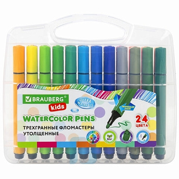 Фломастеры в пластиковом кейсе трехгранные утолщенные УЛЬТРАСМЫВАЕМЫЕ, BRAUBERG KIDS, 24 цвета, 152192