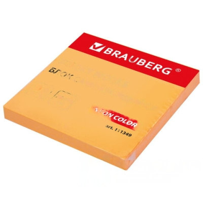 Блок самоклеящийся (стикеры) BRAUBERG НЕОНОВЫЙ 76х76 мм, 90 листов, оранжевый, 111349