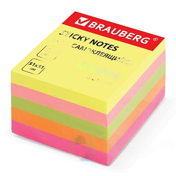 Блок самоклеящийся (стикеры), BRAUBERG, НЕОНОВЫЙ, 51х51 мм, 400 листов, 5 цветов, 122857
