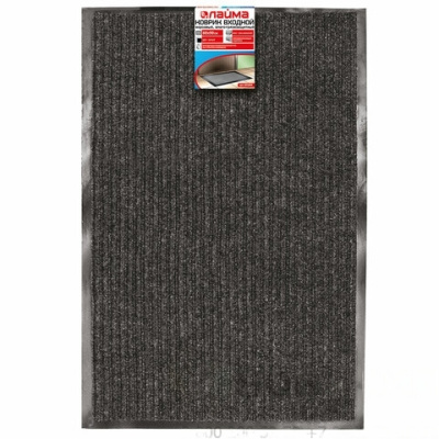Коврик входной ворсовый влаго-грязезащитный LAIMA, 60х90 см, ребристый, толщина 7 мм, черный, 602869